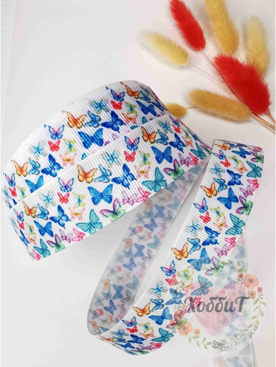 Лента репсовая с рисунком "Бабочки" 2,5см №2 (мультиколор)